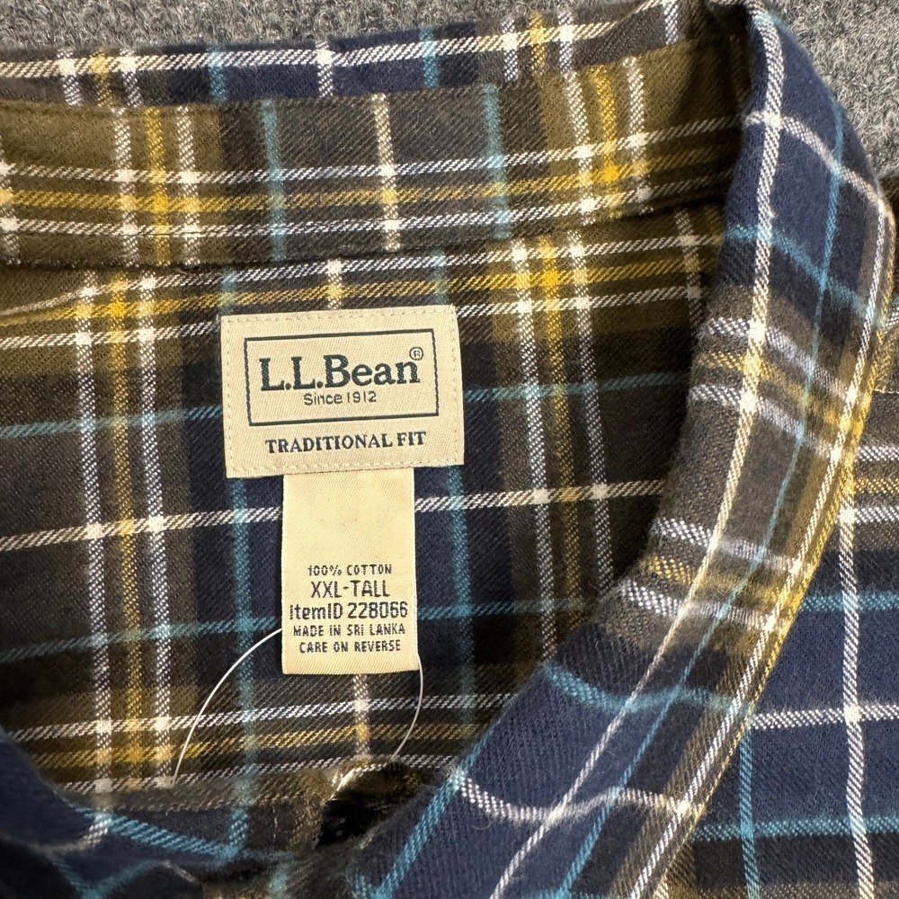 L.L. Bean Flannel Shirt Men XXL Tall Traditional Fit Plaid Long Sleeve Navy Gold